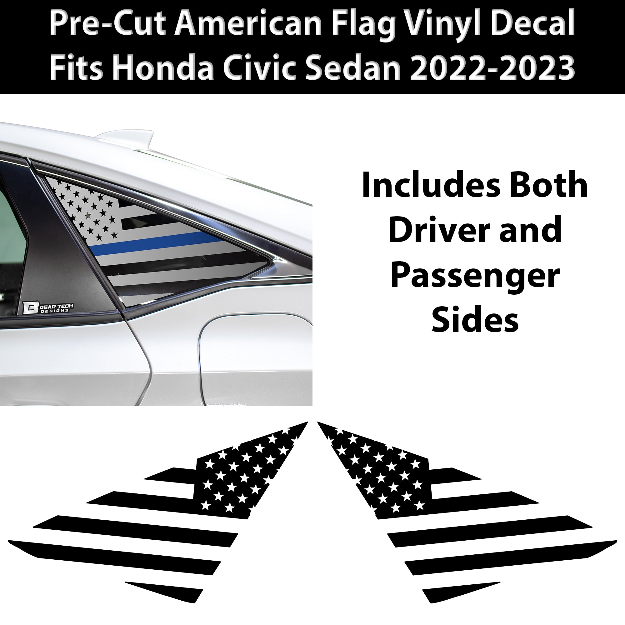 American Flag Rear Side Quarter Window Precut Decals Fits Honda Civic Sedan 2022 - 2025 - Bogar Tech Designs