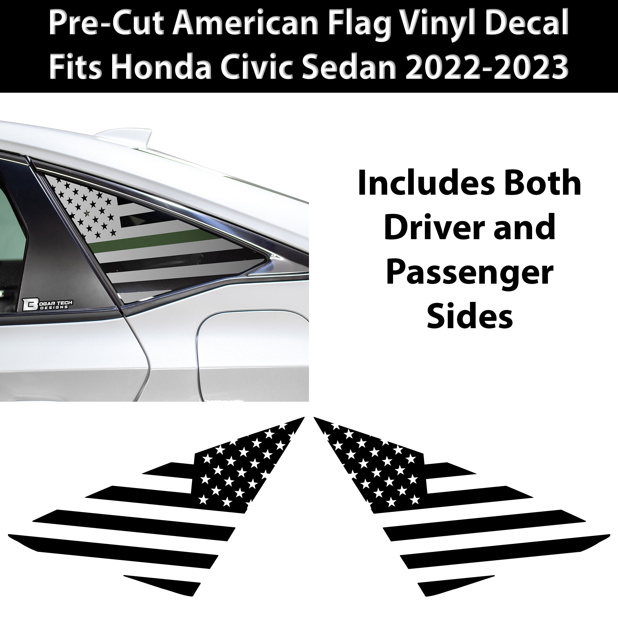 American Flag Rear Side Quarter Window Precut Decals Fits Honda Civic Sedan 2022 - 2025 - Bogar Tech Designs