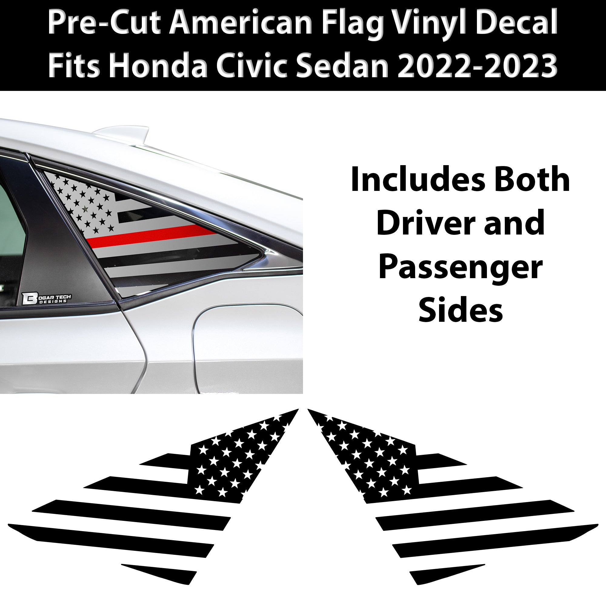 American Flag Rear Side Quarter Window Precut Decals Fits Honda Civic Sedan 2022 - 2025 - Bogar Tech Designs