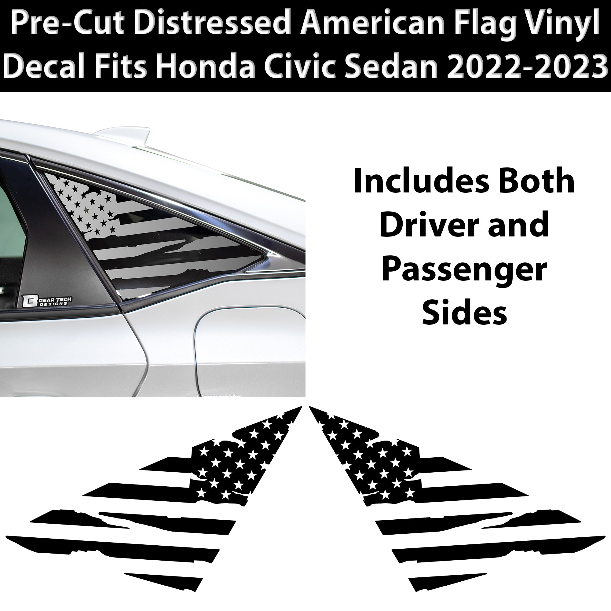 American Flag Rear Side Quarter Window Precut Decals Fits Honda Civic Sedan 2022 - 2025 - Bogar Tech Designs