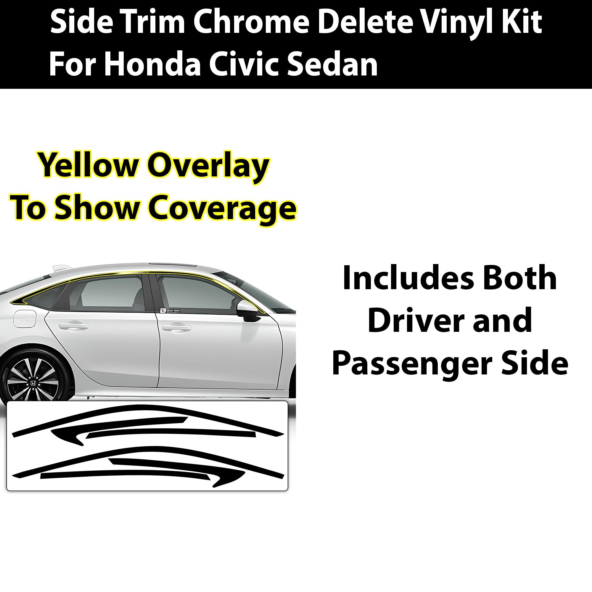 Vinyl Chrome Delete Side Window Trim Blackout Decal Stickers Overlay Film Fits Honda Civic Sedan 2022 - 2025 - Bogar Tech Designs