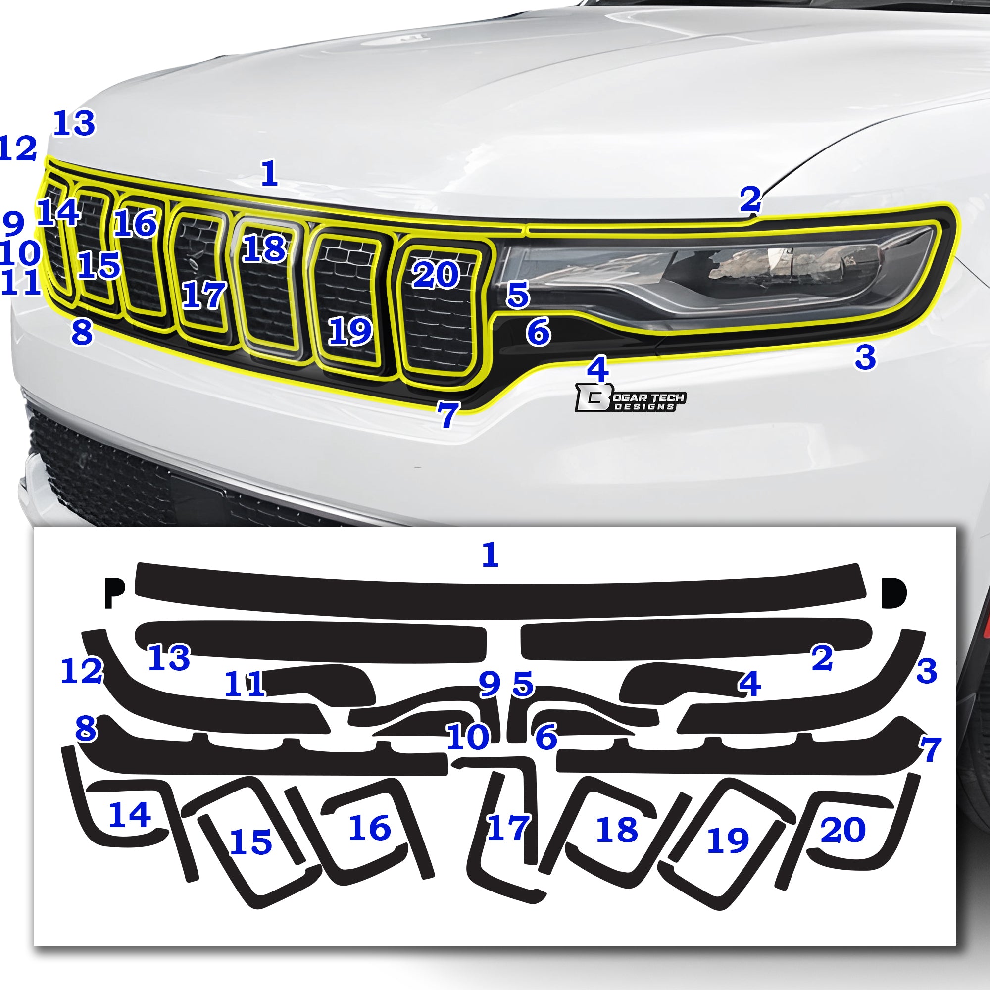 Vinyl Chrome Delete Grille Side Window Rear Blackout Decal Stickers Overlay Film Fits Jeep Wagoneer 2022 - 2025 - Bogar Tech Designs