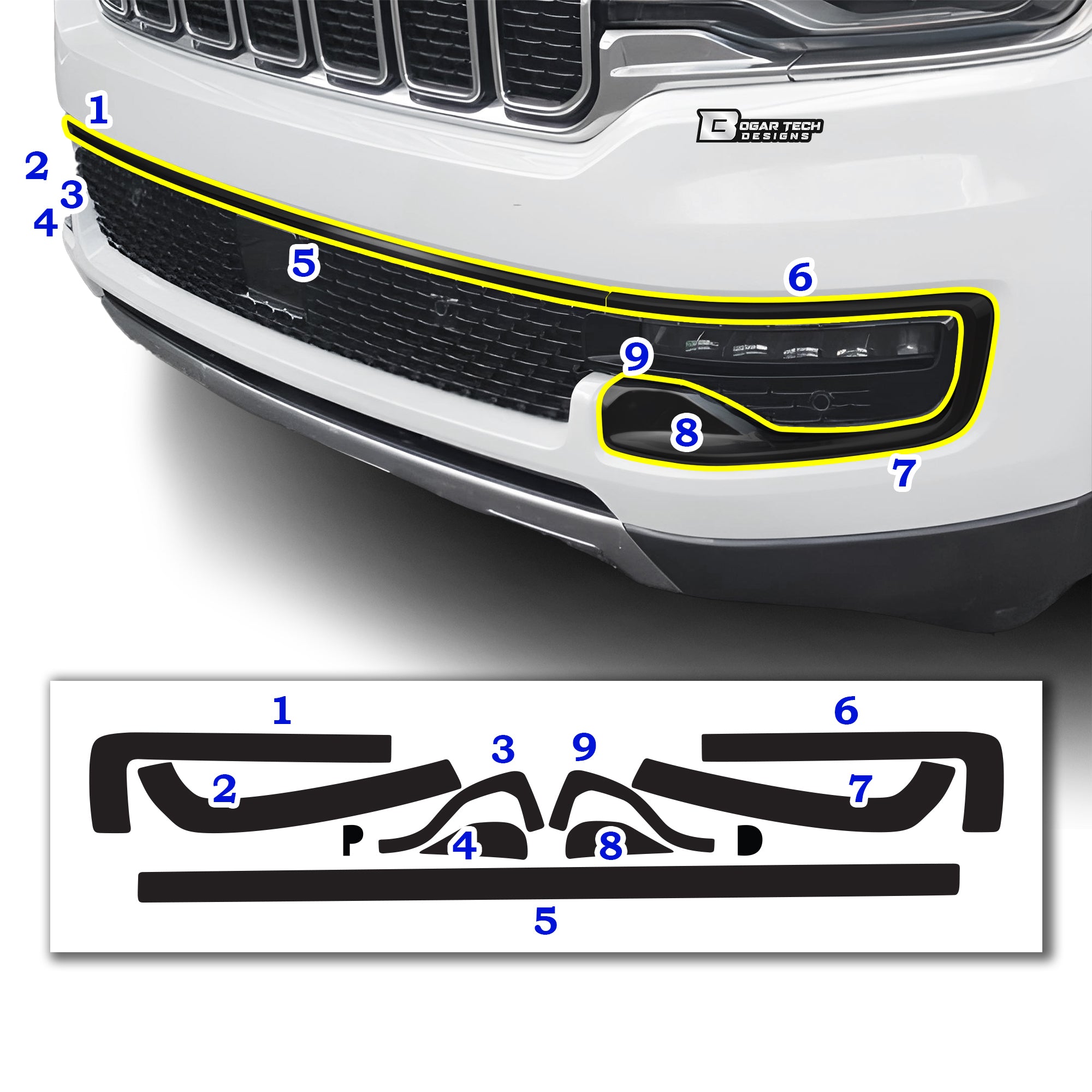 Vinyl Chrome Delete Grille Side Window Rear Blackout Decal Stickers Overlay Film Fits Jeep Wagoneer 2022 - 2025 - Bogar Tech Designs