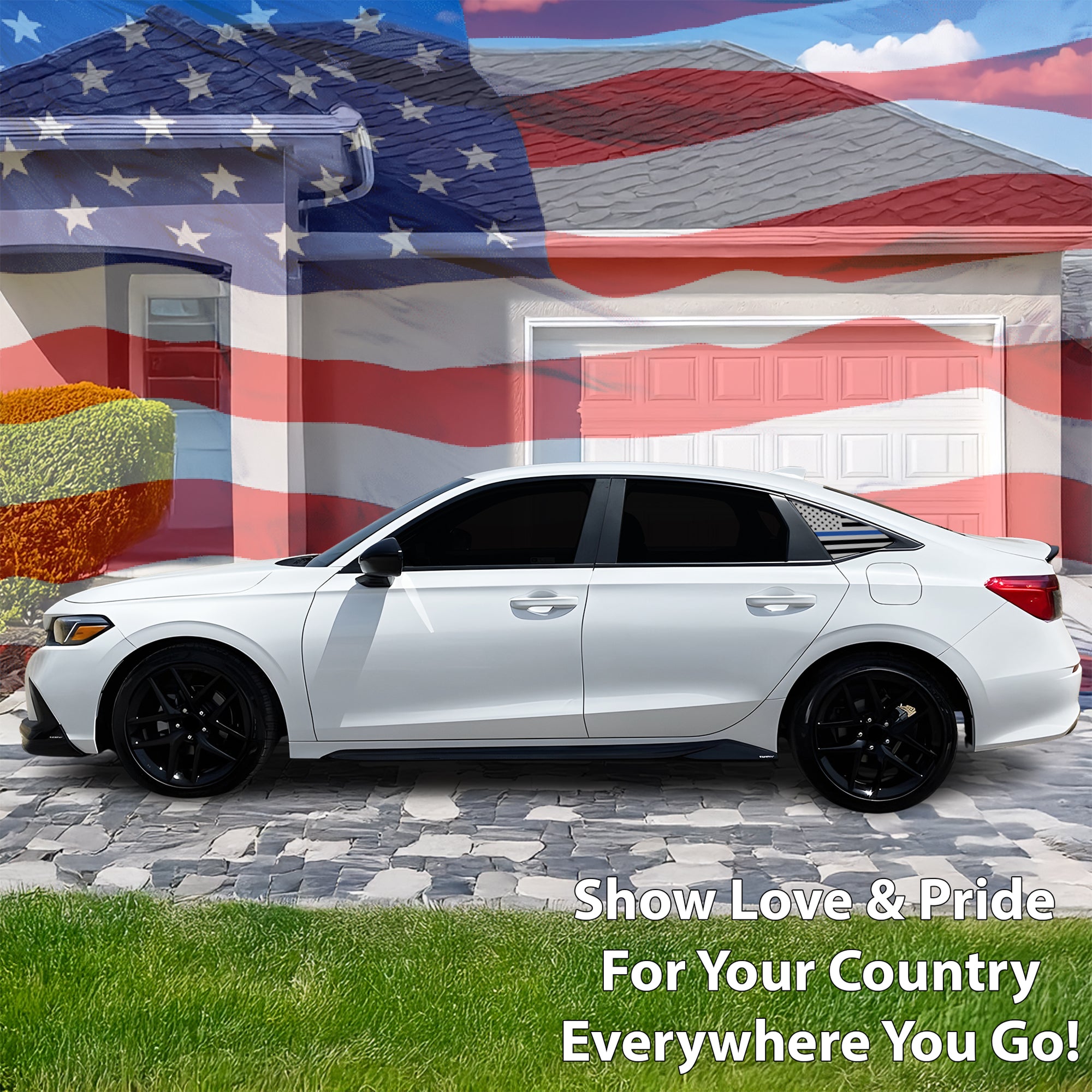 American Flag Quarter Window Decal for Honda Civic Sedan 2022-2026 – Precut Matte Black Vinyl