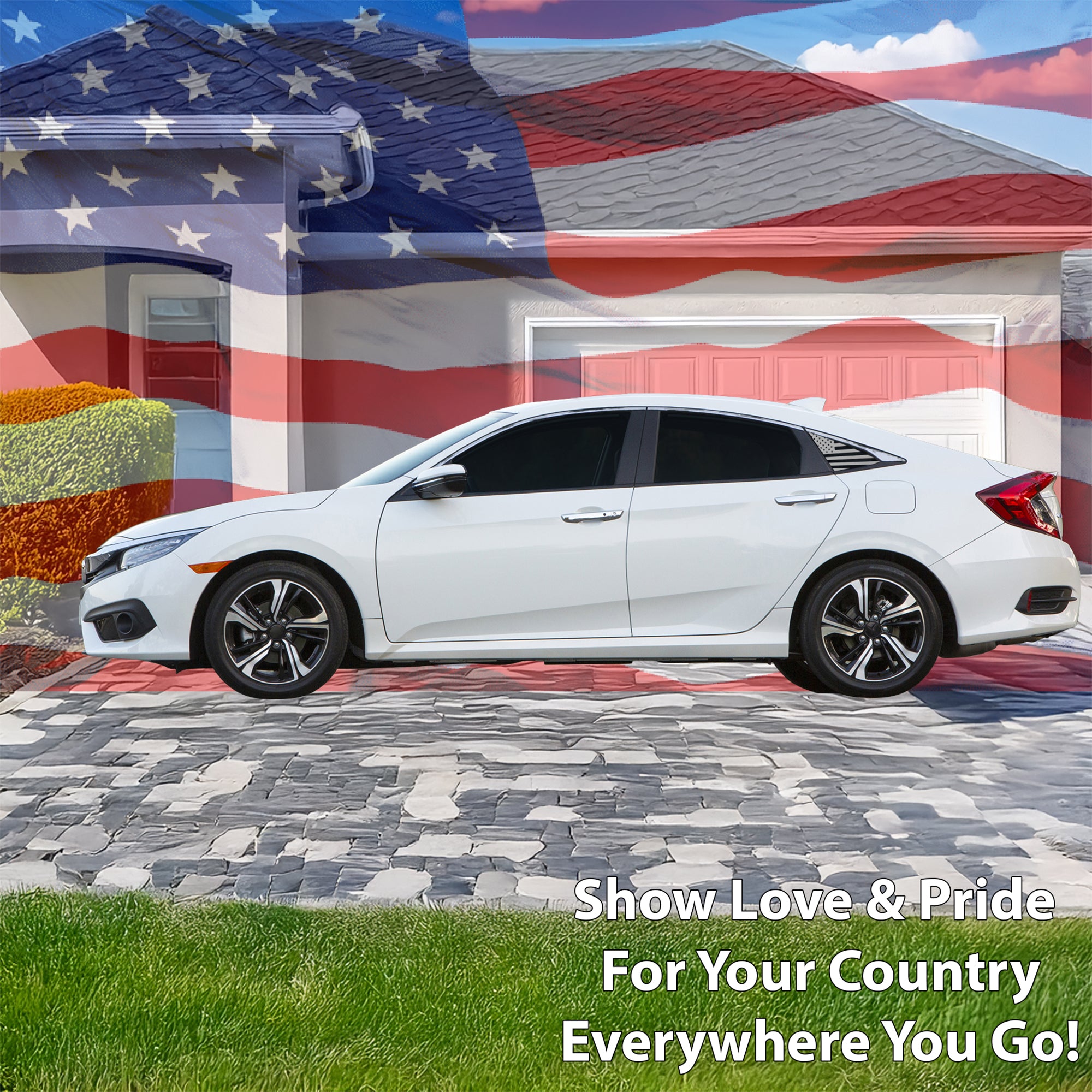 American Flag Quarter Window Decal for Honda Civic Sedan 2016-2021 – Precut Matte Black Vinyl