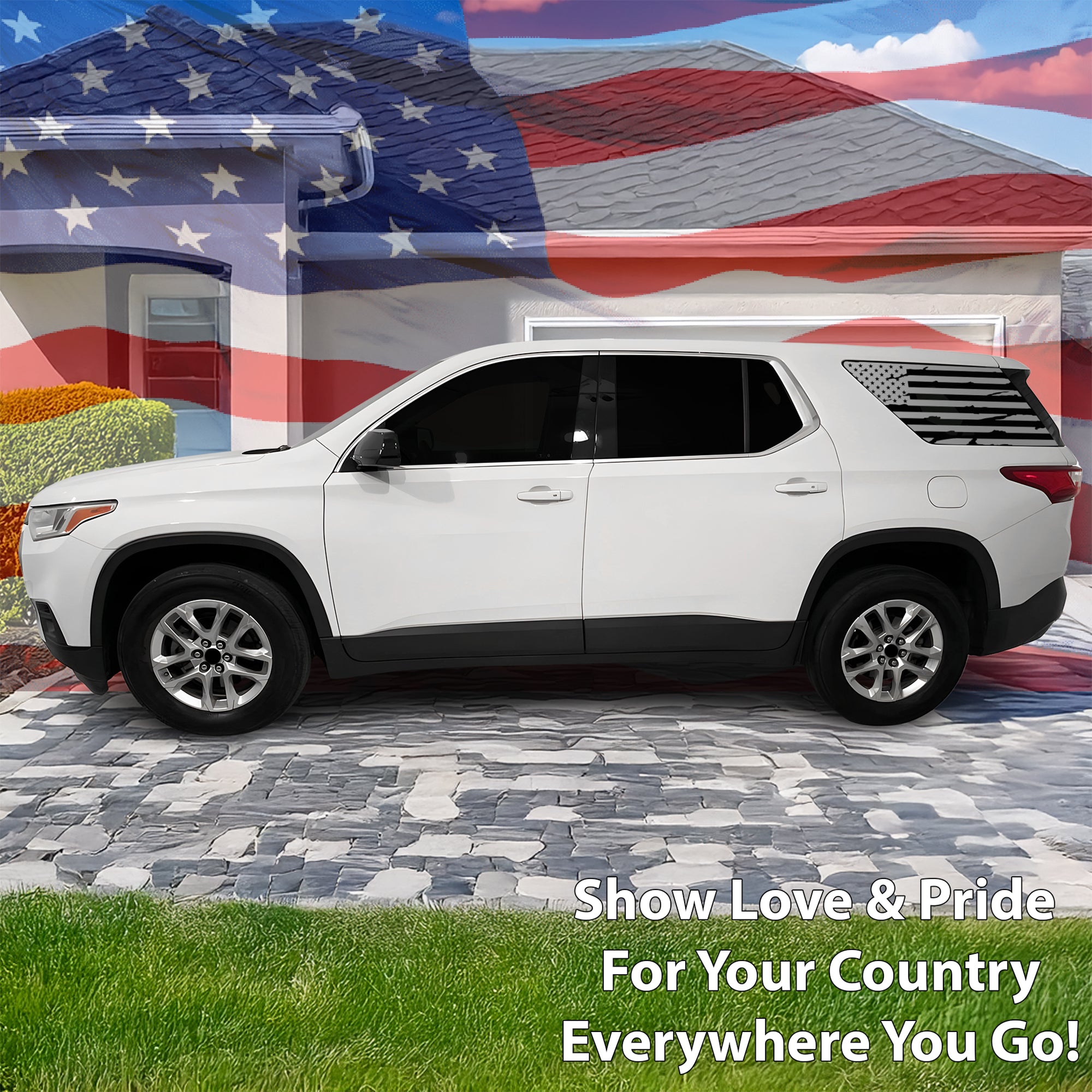 Precut American Flag Rear Side Quarter Window Decal Sticker Fits Chevy Traverse 2018 - 2023 - Bogar Tech Designs