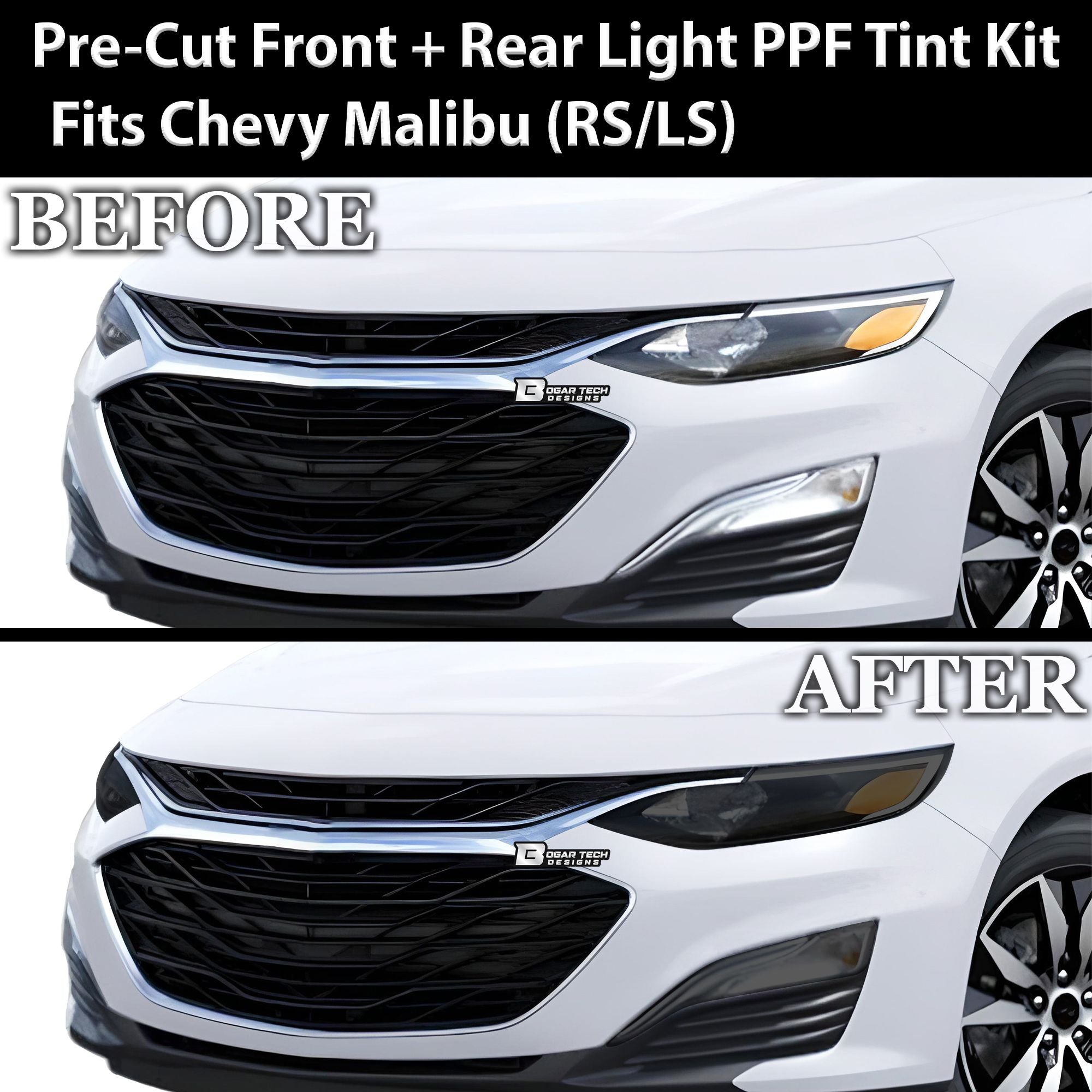 Full Headlight Taillight Precut Smoked PPF Tint Kit Film Overlay Fits Chevy Malibu 2016 - 2025 - Bogar Tech Designs
