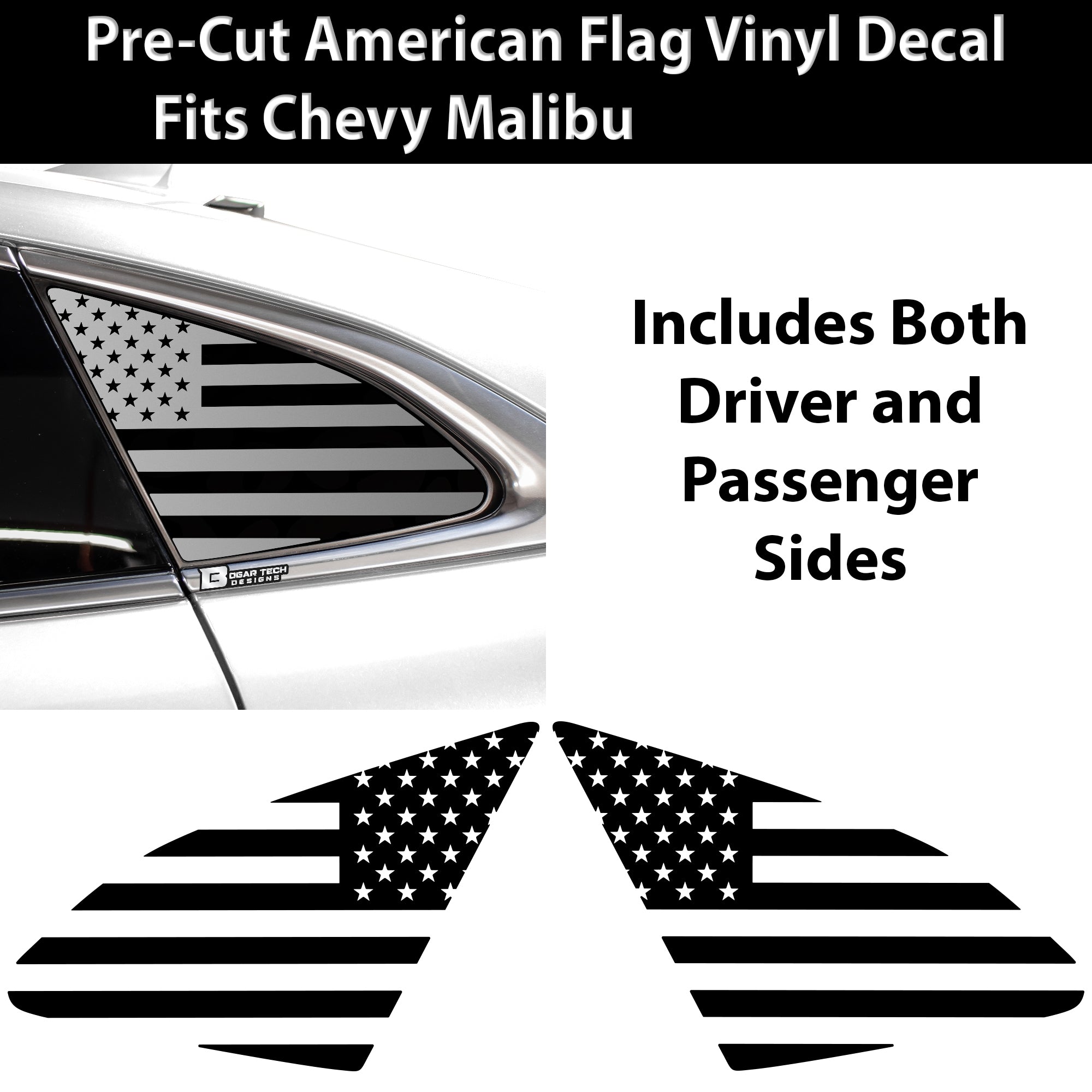 Quarter Window American Flag Vinyl Decal Stickers Fits Chevy Malibu 2019 - 2025 - Bogar Tech Designs