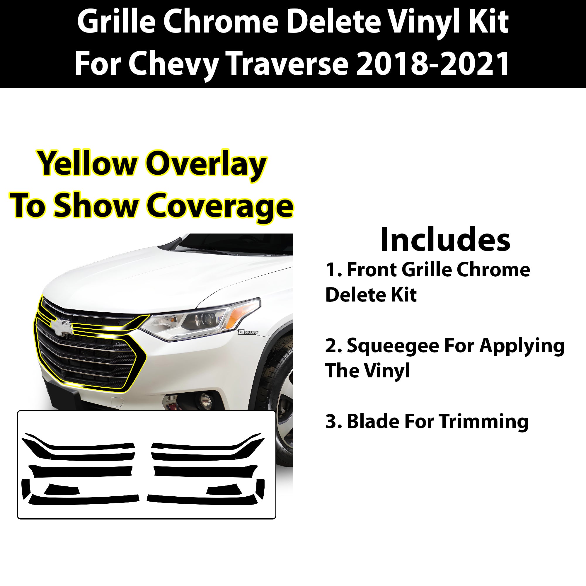 Vinyl Chrome Delete Sides Front Bumper Trim Blackout Decal Stickers Fits Chevy Traverse 2018 - 2023 - Bogar Tech Designs
