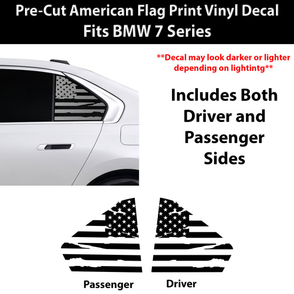 American Flag Quarter Window Decal for BMW 7 Series 2023-2026 – Precut Matte Black Vinyl