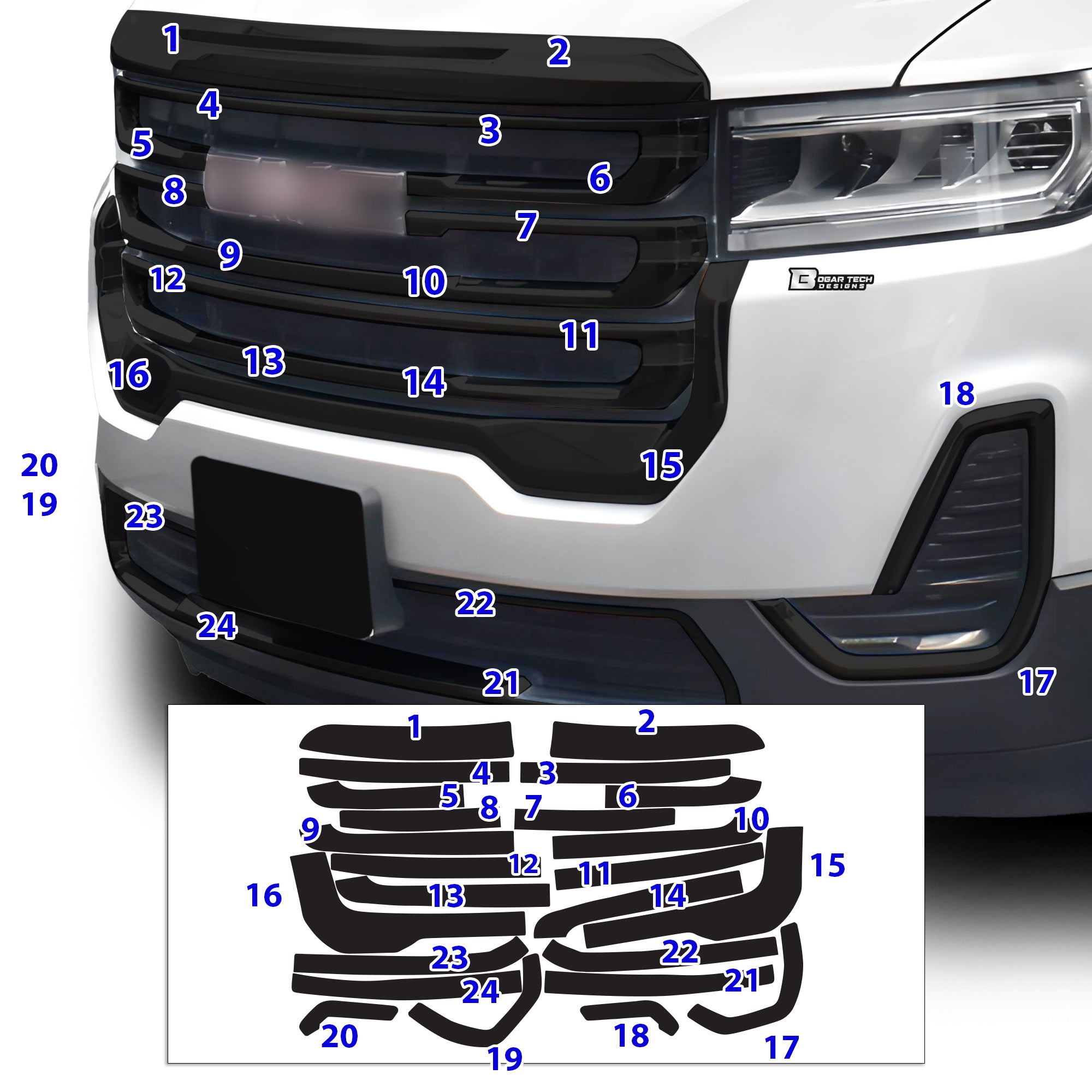 Vinyl Chrome Delete Grille Side Window Blackout Decal Stickers Overlay Film Fits GMC Acadia 2017 - 2023 - Bogar Tech Designs