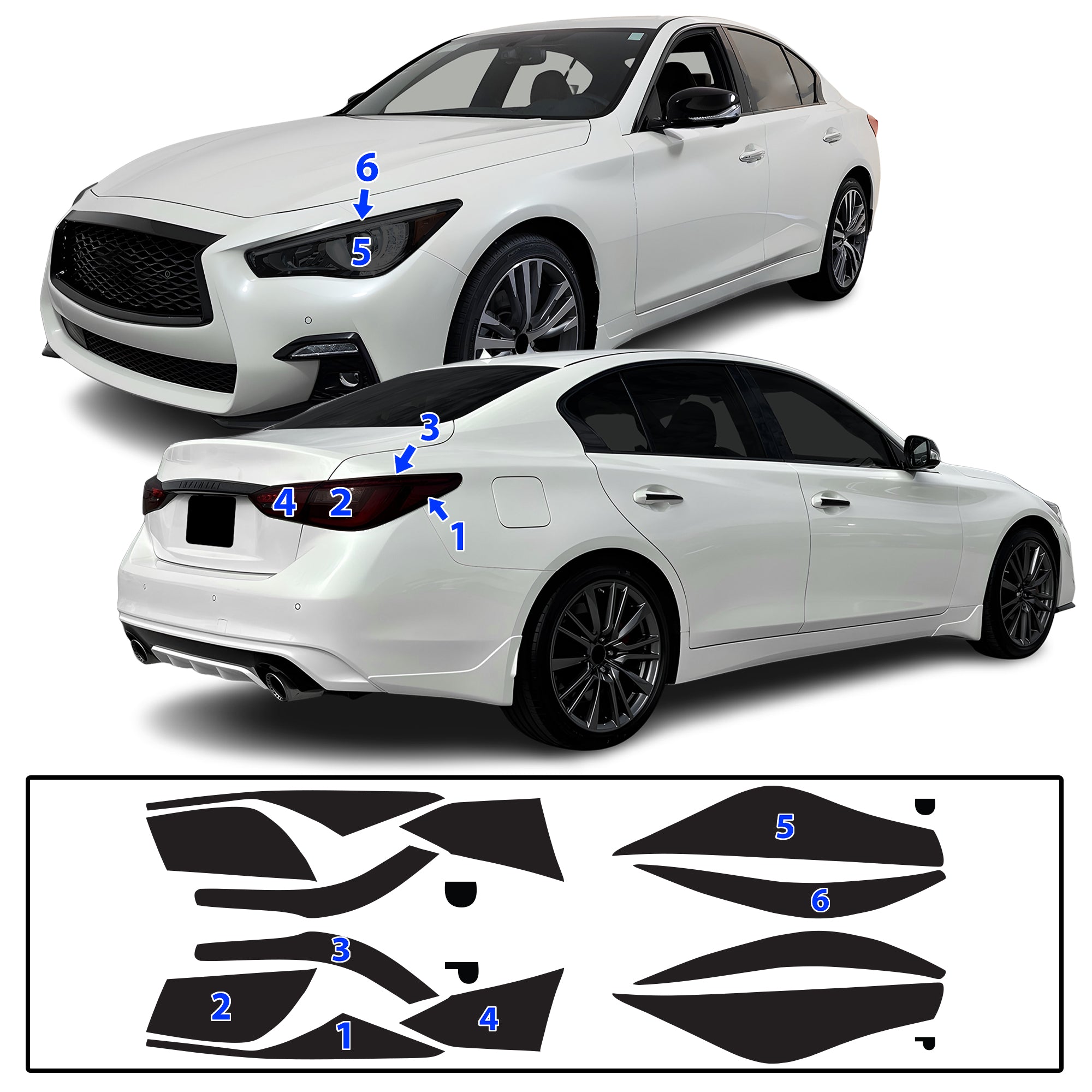 Infiniti Q50 2018–2024 Dark Smoke Headlight & Taillight Tint Kit – Precut Vinyl Lens Overlays