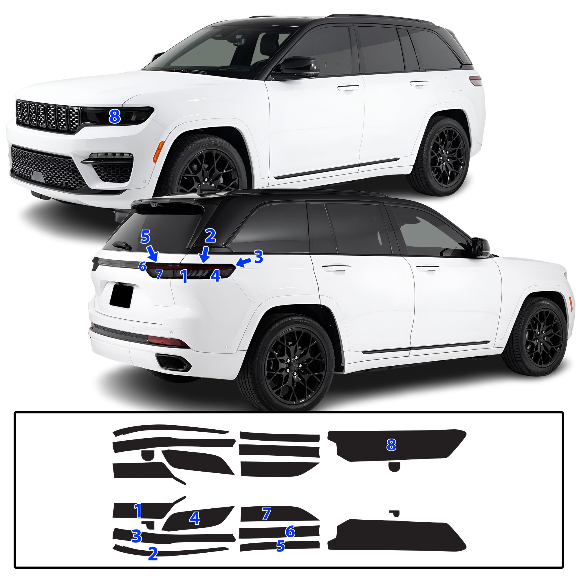 Jeep Grand Cherokee 2022–2026 Dark Smoke Headlight & Taillight Tint Kit – Precut Vinyl Lens Overlays