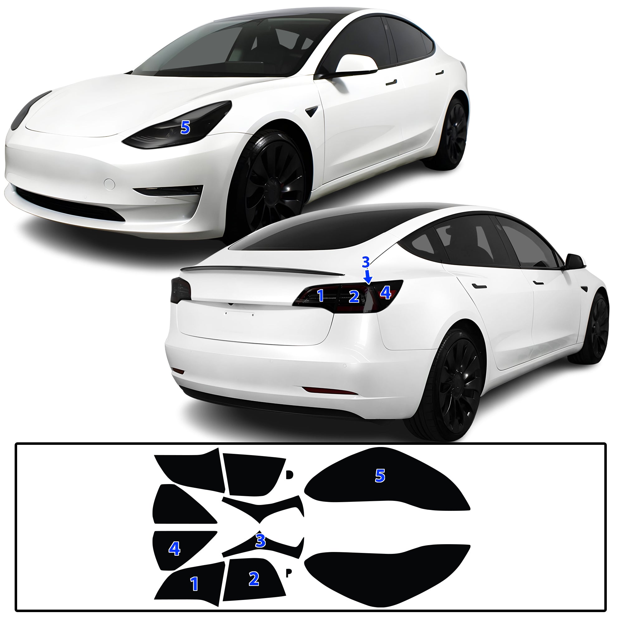 Tesla Model 3 2017–2023 Dark Smoke Headlight & Taillight Tint Kit – Precut Vinyl Lens Overlays