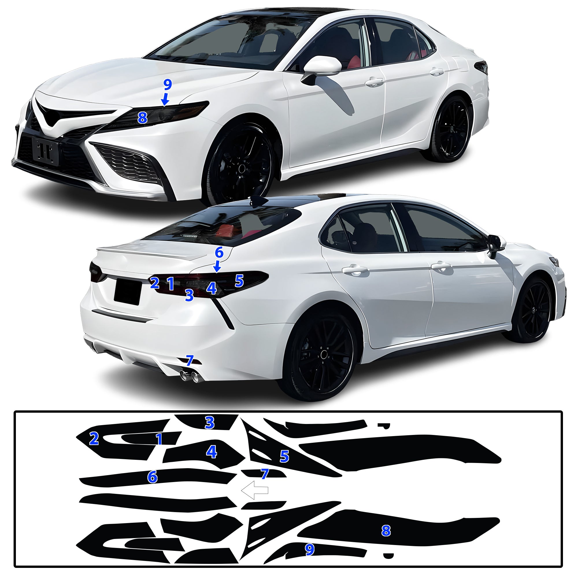 Toyota Camry 2018–2024 Dark Smoke Headlight & Taillight Tint Kit – Precut Vinyl Lens Overlays