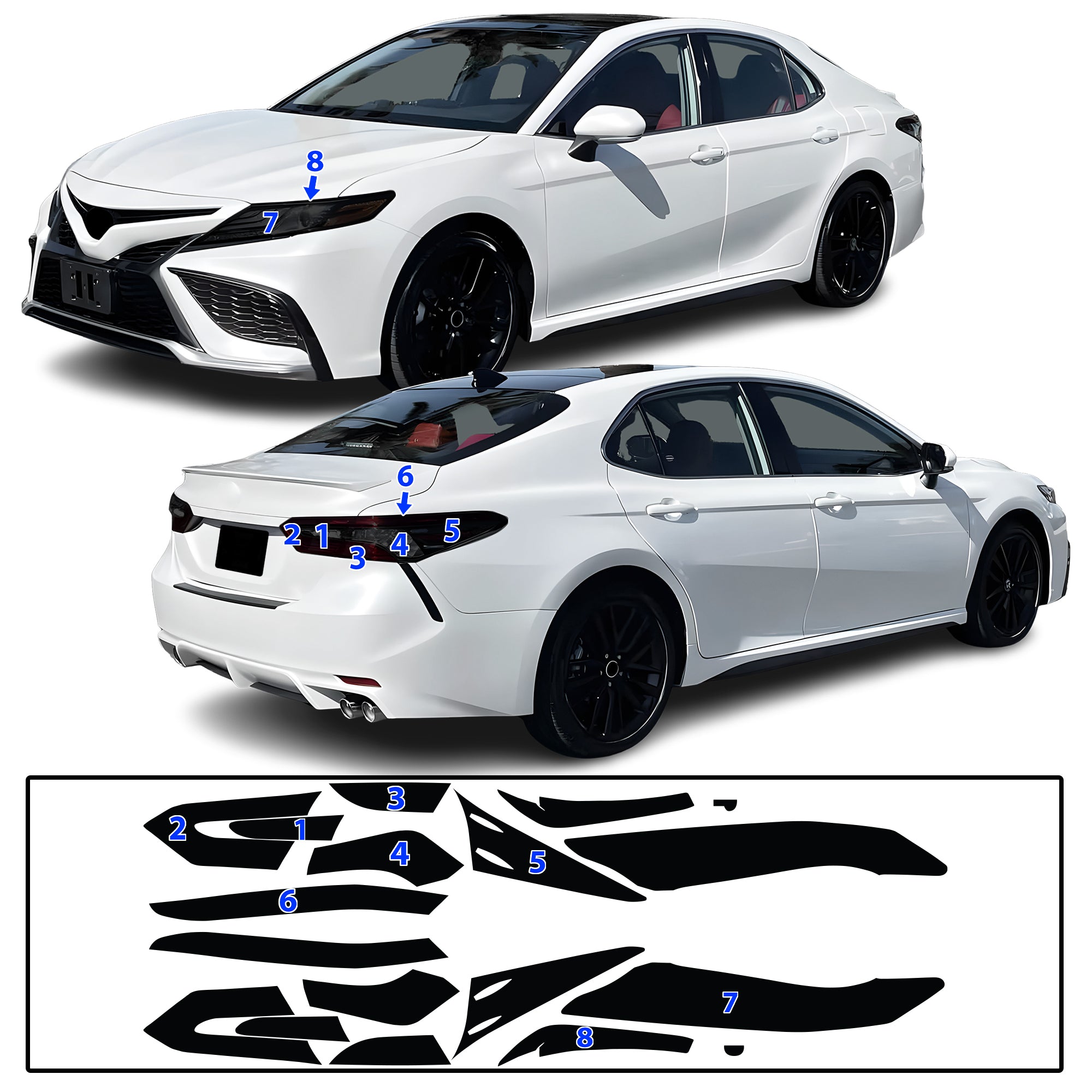 Toyota Camry 2018–2024 Dark Smoke Headlight & Taillight Tint Kit – Precut Vinyl Lens Overlays