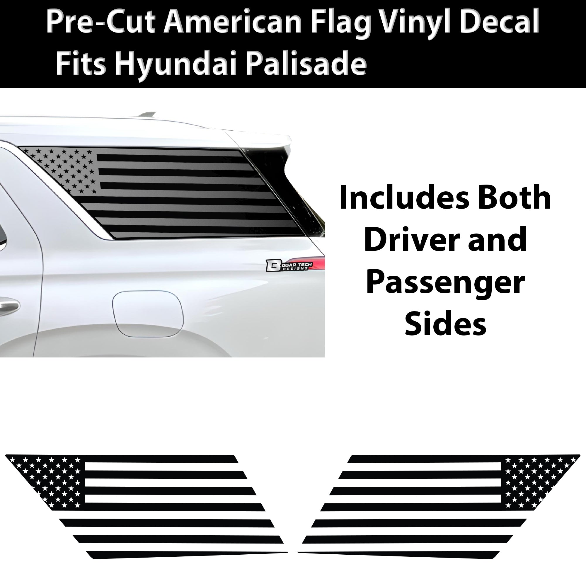 American Flag Quarter Window Vinyl Decal Stickers Fits Hyundai Palisade 2020 - 2025 - Bogar Tech Designs