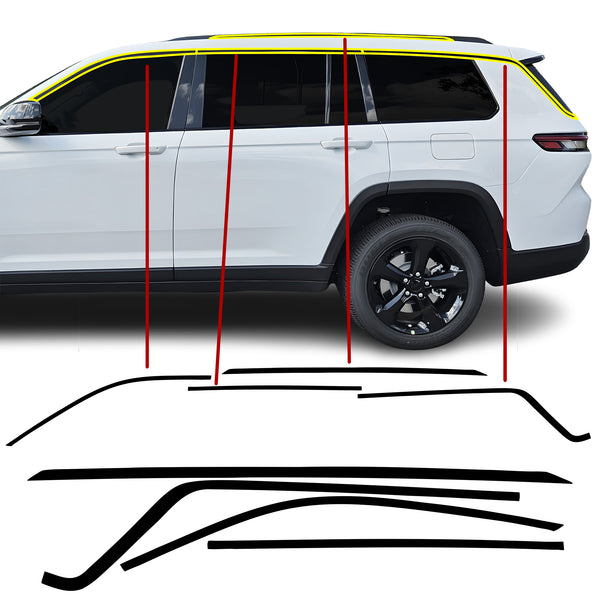 Jeep Grand Cherokee L 2021–2025 Window Trim Blackout Chrome Delete Kit – Precut Gloss Black Vinyl Overlays