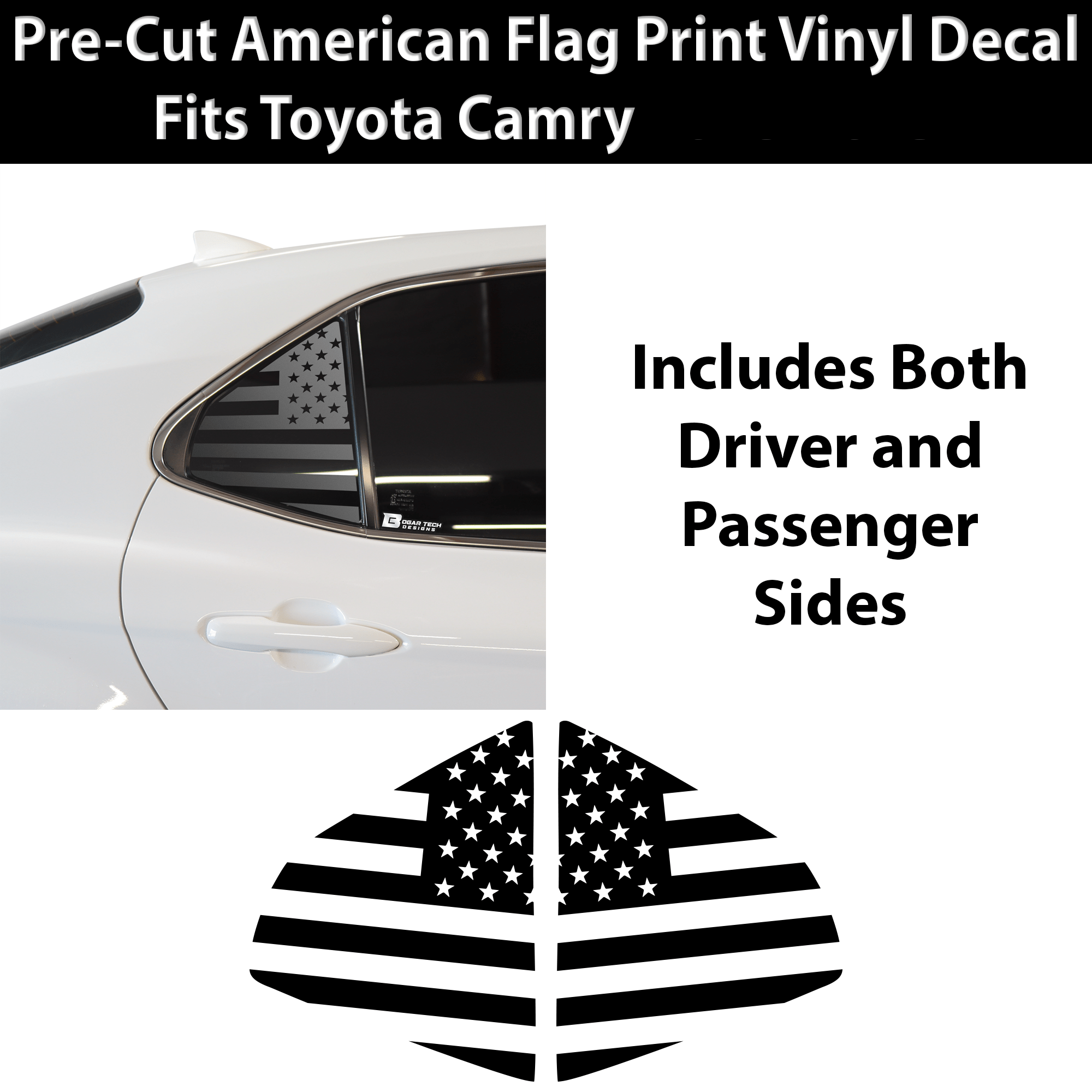 American Flag Rear Side Quarter Window Precut Decal Stickers Fits Toyota Camry 2018 - 2024 - Bogar Tech Designs