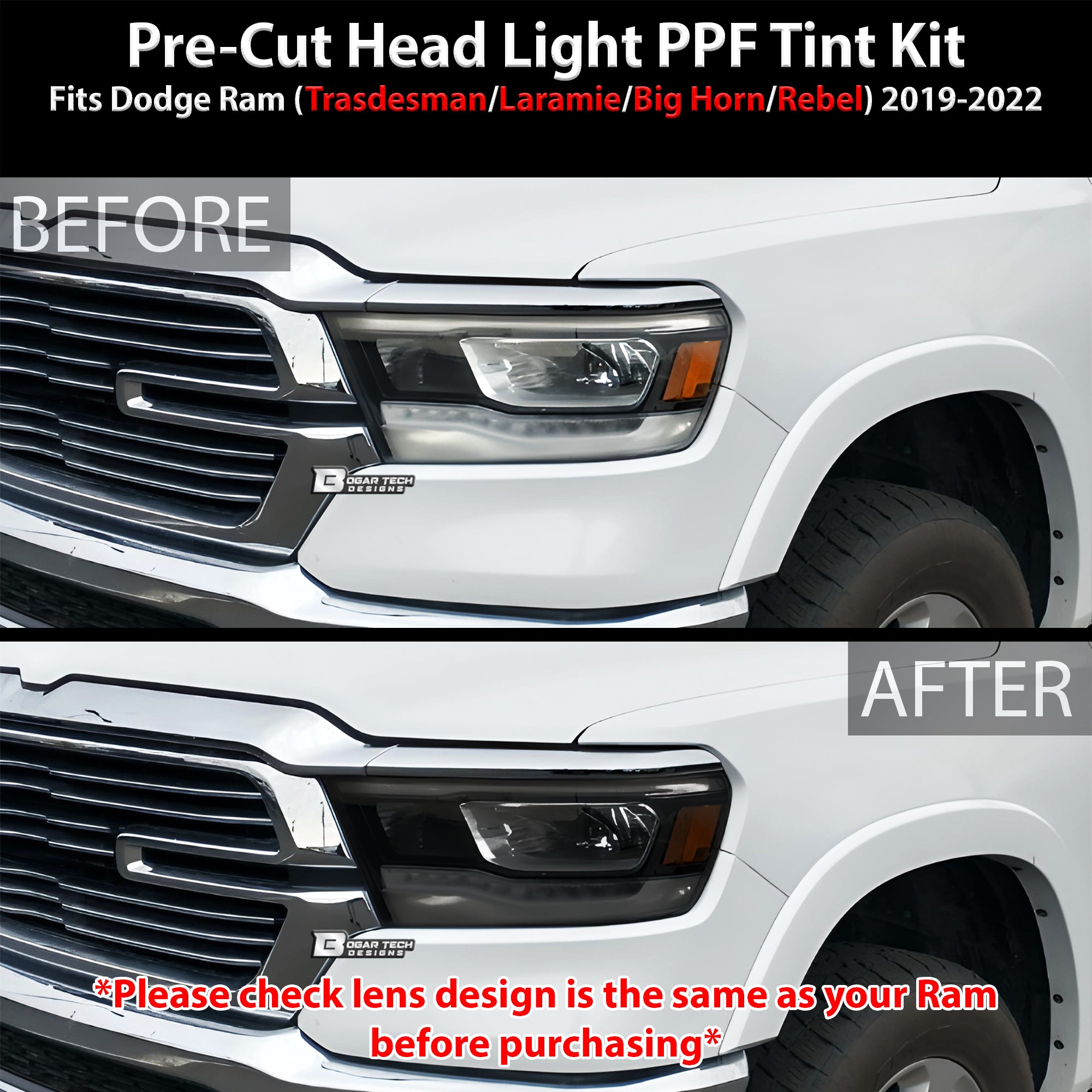 Full Headlight Taillight Precut Smoked PPF Tint Kit Film Overlay Fits Dodge Ram 2019 - 2022 - Bogar Tech Designs
