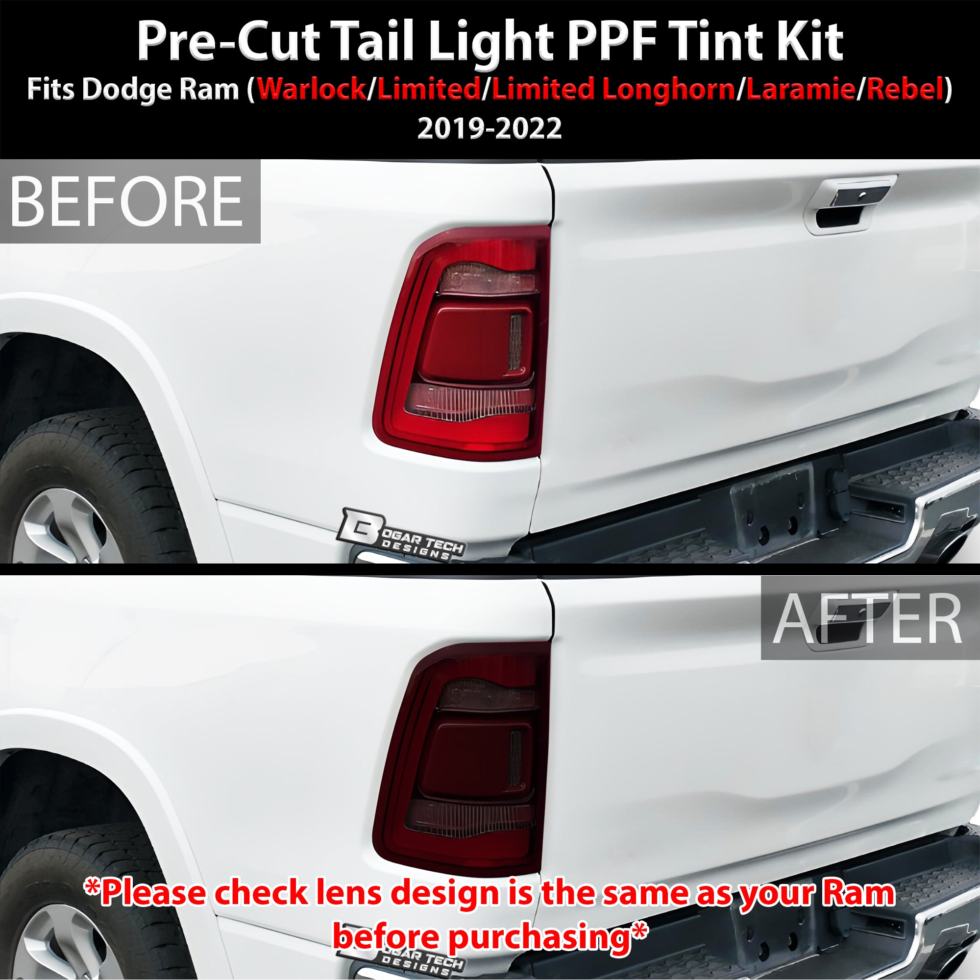 Full Headlight Taillight Precut Smoked PPF Tint Kit Film Overlay Fits Dodge Ram 2019 - 2022 - Bogar Tech Designs