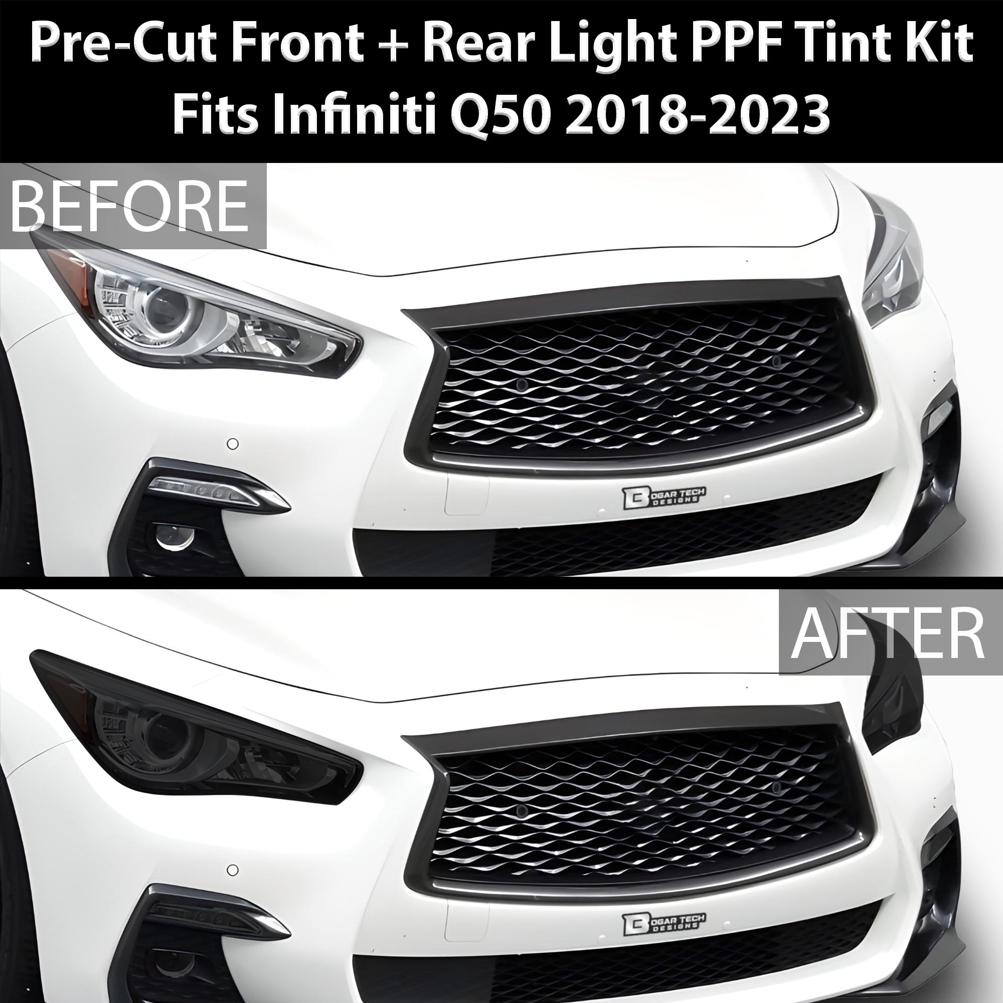 Full Headlight Taillight Precut Smoked PPF Tint Kit Film Overlay Fits Infiniti Q50 2018 - 2024 - Bogar Tech Designs