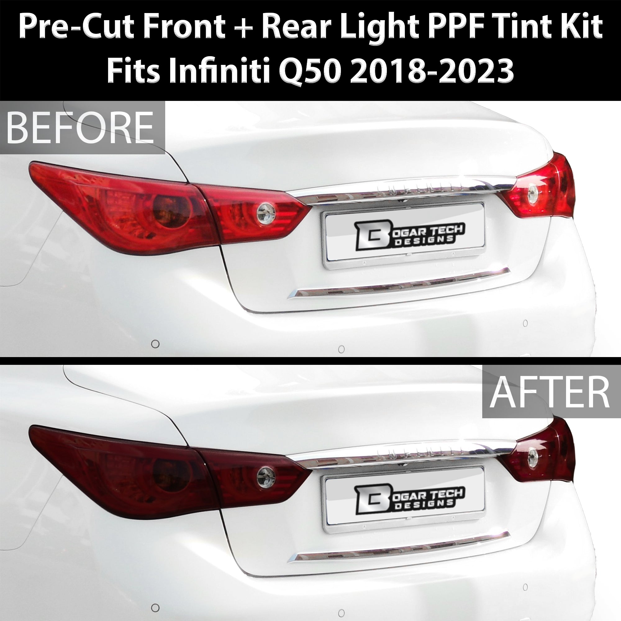 Full Headlight Taillight Precut Smoked PPF Tint Kit Film Overlay Fits Infiniti Q50 2018 - 2024 - Bogar Tech Designs