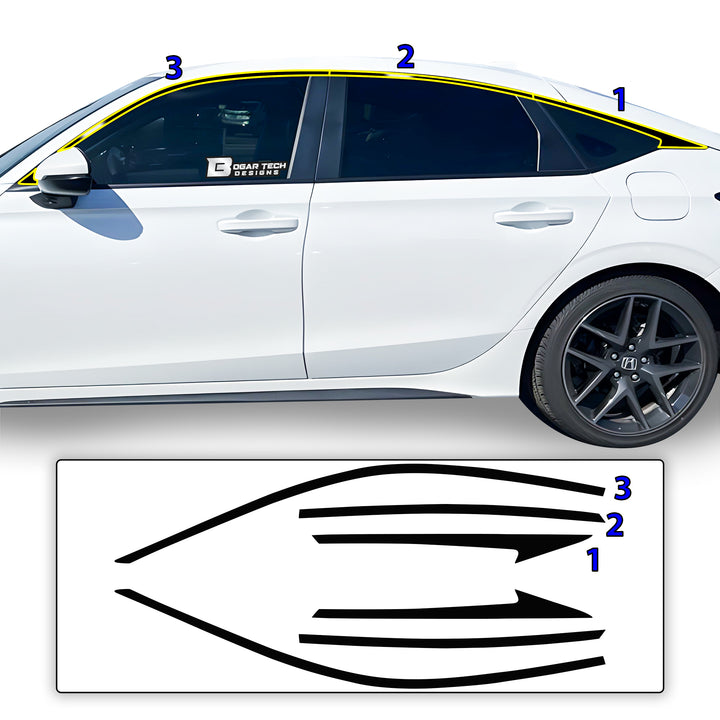 Vinyl Chrome Delete Wheel Side Window Trim Blackout Decal Stickers Overlay Film Fits Honda Civic Hatchback 2022 - 2025 - Bogar Tech Designs