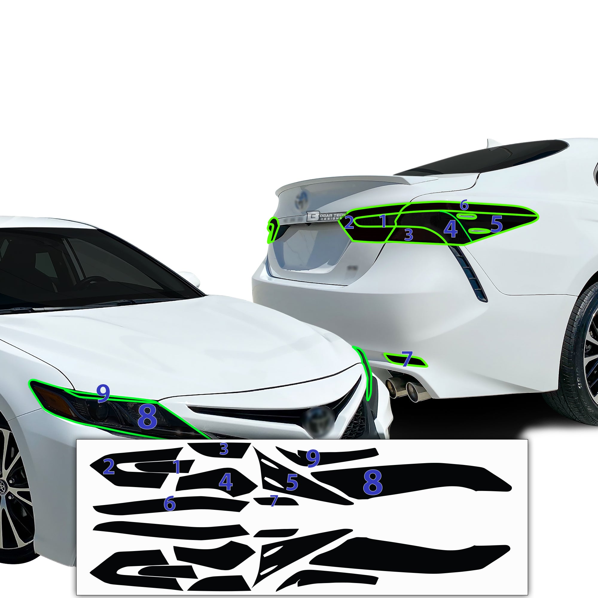 Complete Full Headlight Taillight Precut Overlay Tint Kit with Tools Fits Toyota Camry 2018 - 2024 - Bogar Tech Designs