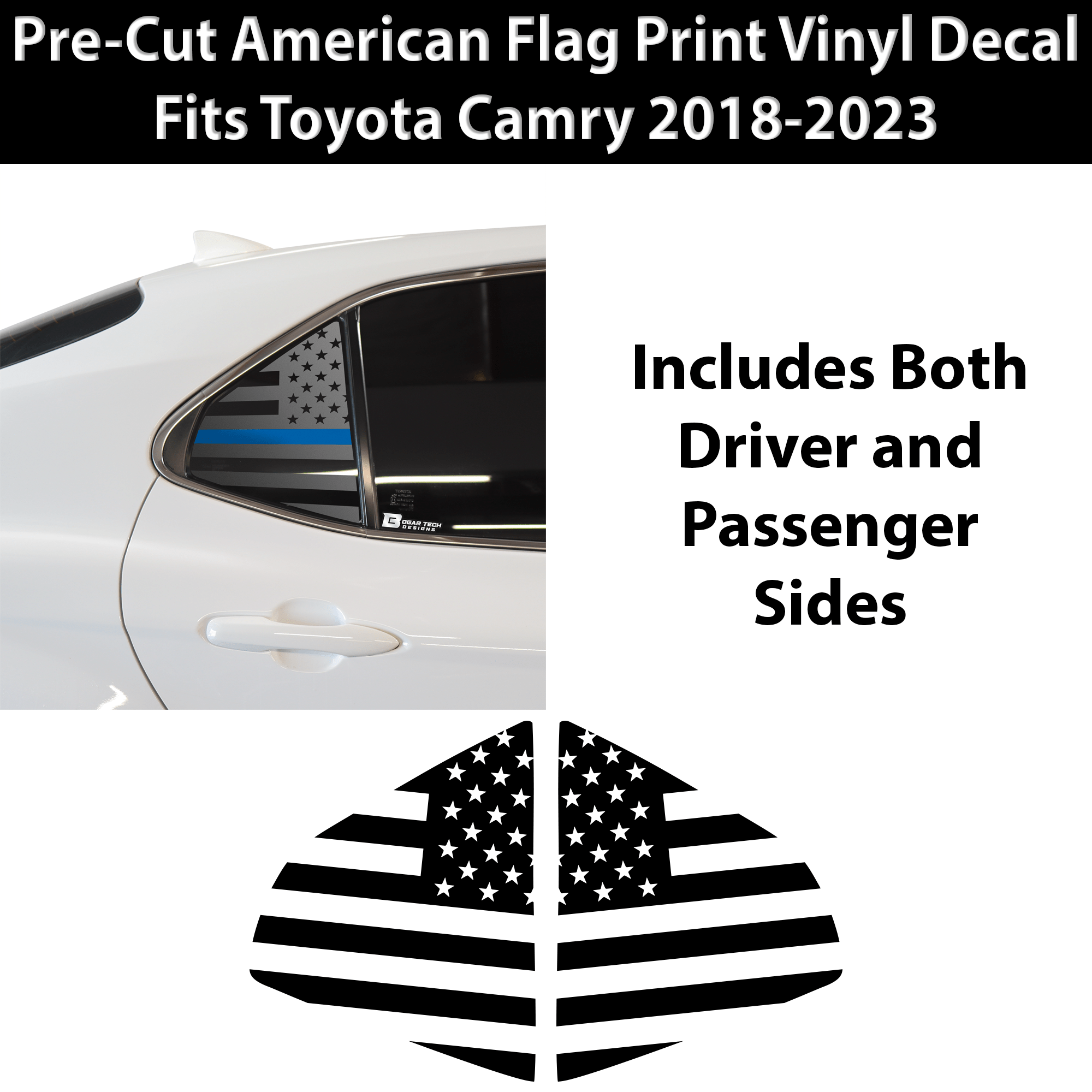 American Flag Rear Side Quarter Window Precut Decal Stickers Fits Toyota Camry 2018 - 2024 - Bogar Tech Designs