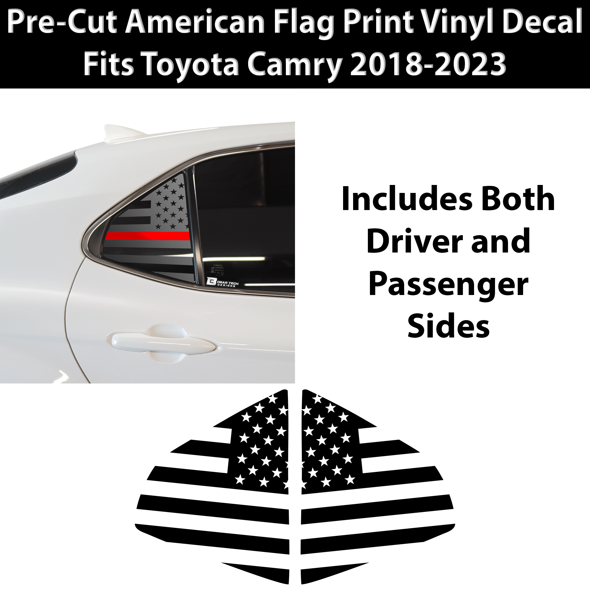 American Flag Rear Side Quarter Window Precut Decal Stickers Fits Toyota Camry 2018 - 2024 - Bogar Tech Designs