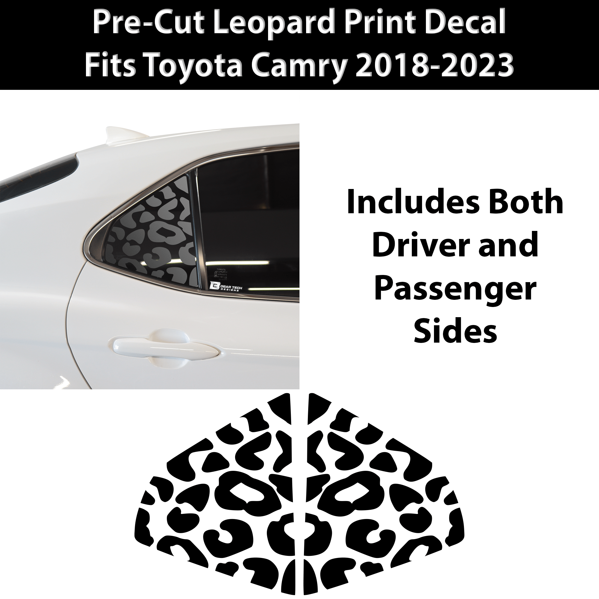 Cow Leopard Print Animal Decal Rear Side Quarter Window Precut Fits Toyota Camry 2018 - 2023 - Bogar Tech Designs